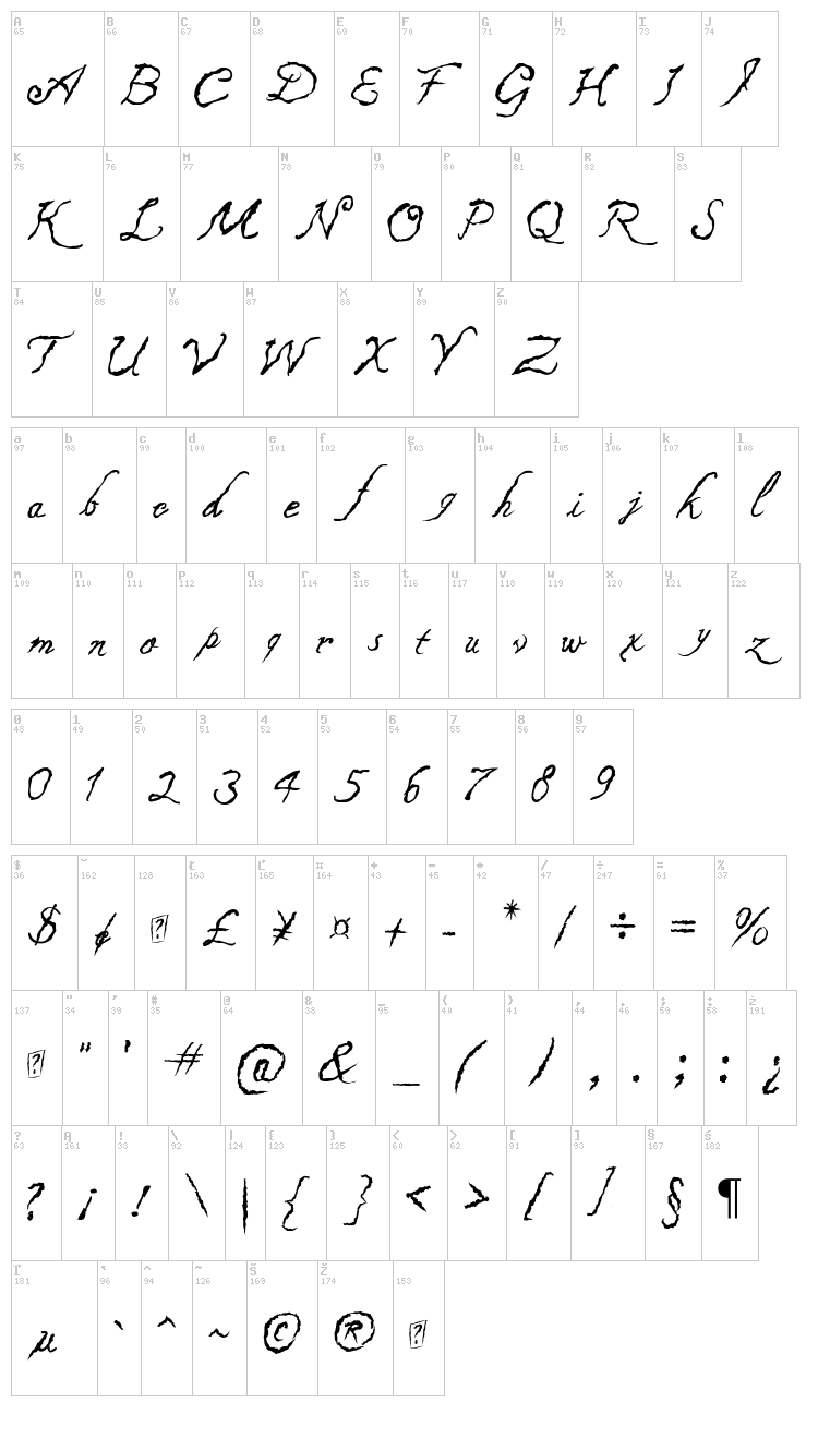 Caligraf 1435 font map